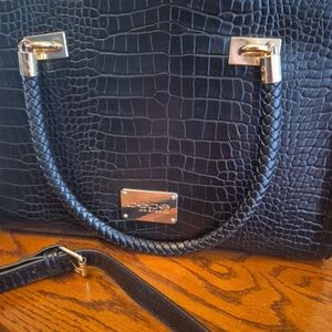 bebe Black Croc-Embossed Shoulder Bag with Gold Hardware